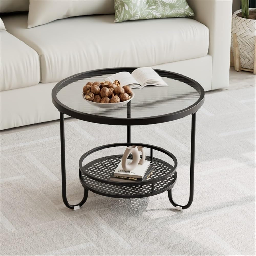 MFurn Coffee Table with Storage Shelf – Metal & Glass, Black