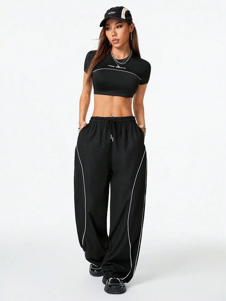 Women's Casual Streetwear T-Shirt And Wide Leg Pants 2pc Set- Various Colours