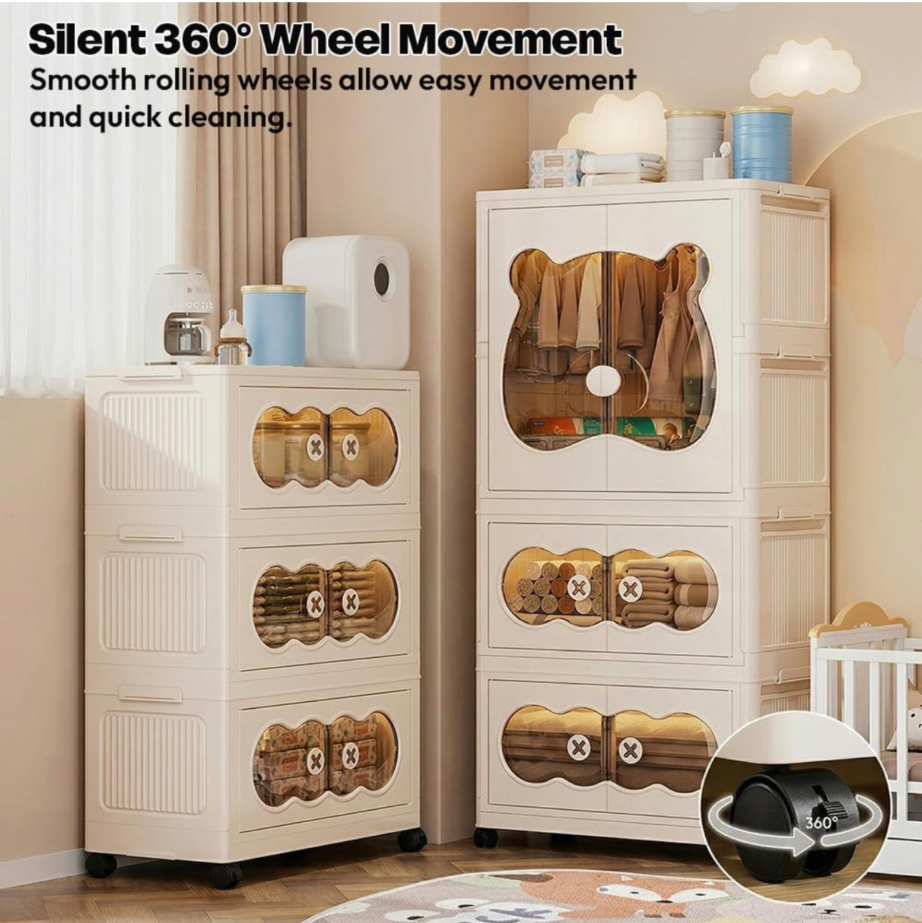 MHome  Kids Bear Wardrobe/Multifunctional Collapsible Plastic Wardrobe for Kids- Storage Cabinet – Dustproof Organizer for Baby Clothes, Toys & Books with Wheels & Hangers- Beige/Various Sizes