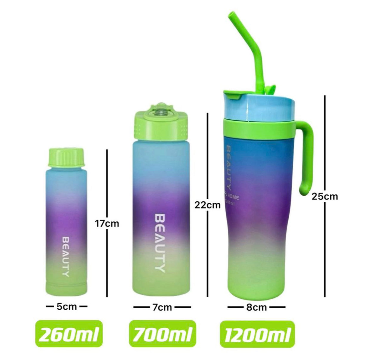 MHome 3-Piece Water Bottles with Handle & Straw in Dazzling Colours
