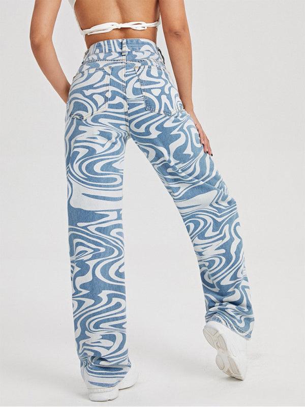 High-Waist Denim Pants with Blue Swirl Print – Stylish Wavy Ripple Graphic, Zipper Button Closure, and Slash Pockets - Ladies