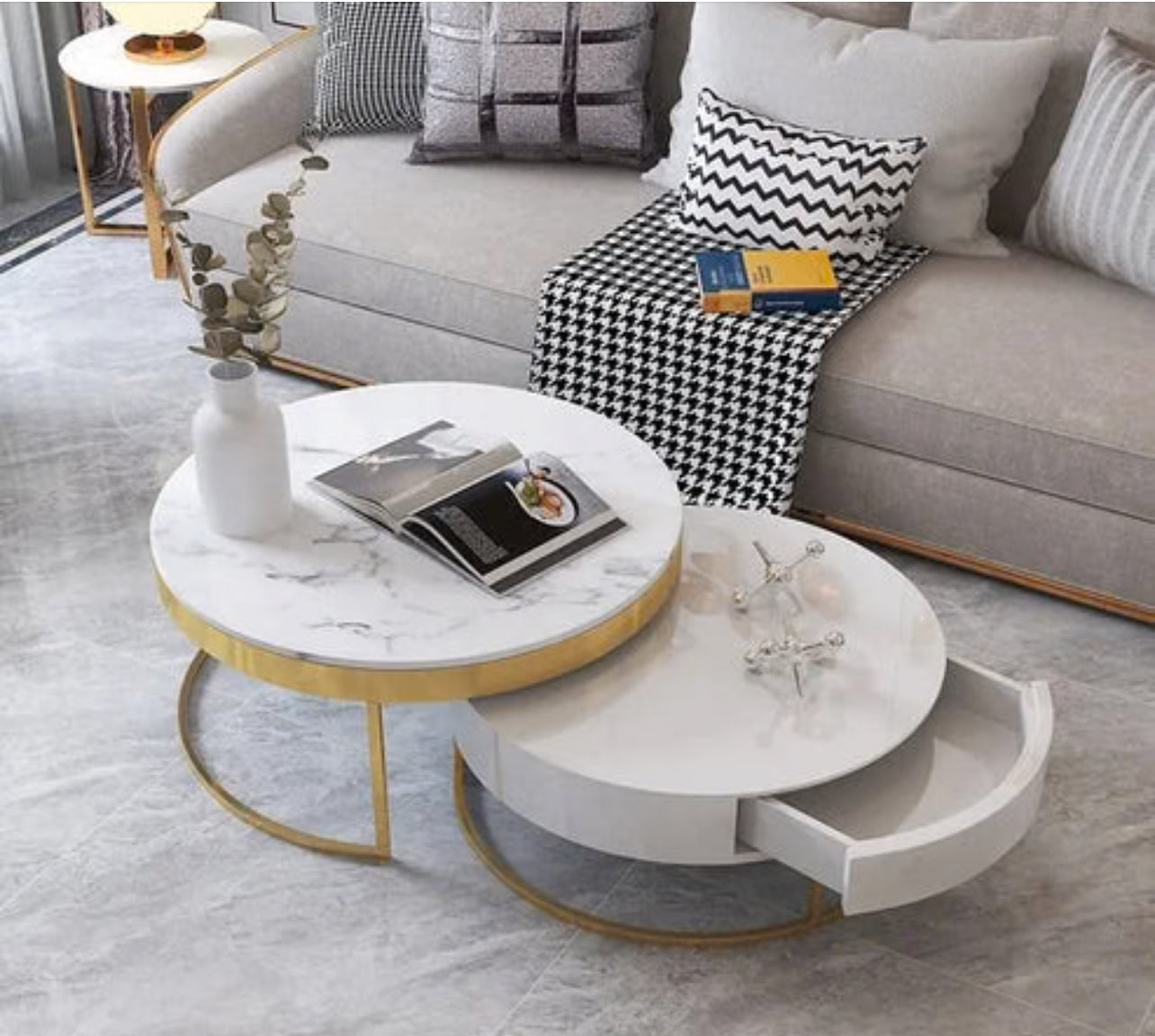 MFurn Living Room End Tables, Firm Durable Sofa Tables Office Living Room Decoration Nesting Tables White Marble/Wrought Iron Frame