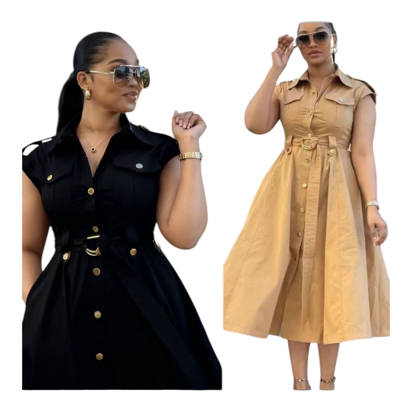 Ladies Belted Cotton Button-Up Dress-Various Colours