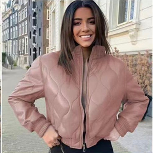 Ladies Cropped Faux Leather Bomber Jacket-Various Colours