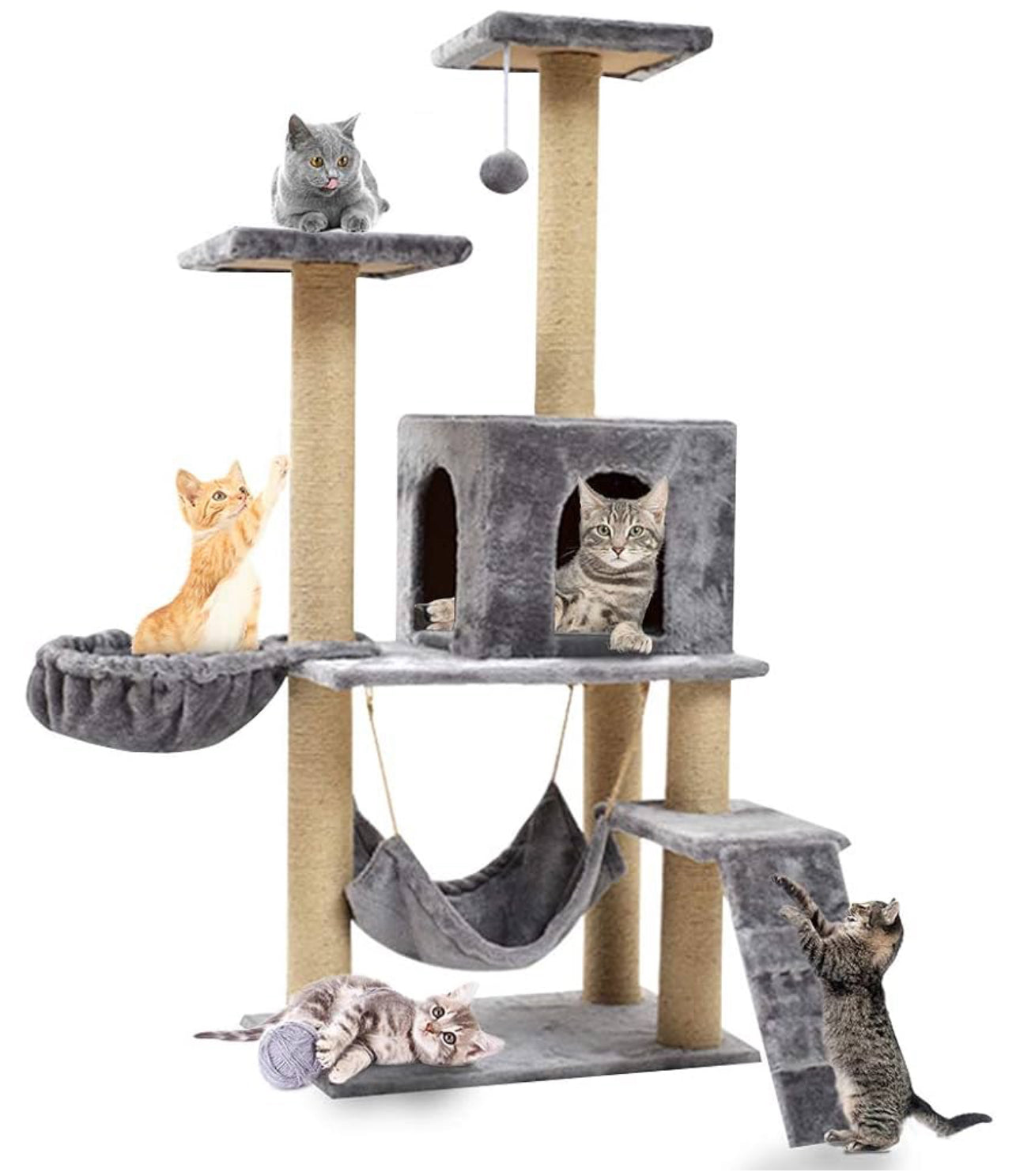 140cm Cat Tree Tower – Climbing Frame, Hammock, Condo & Scratch Toy