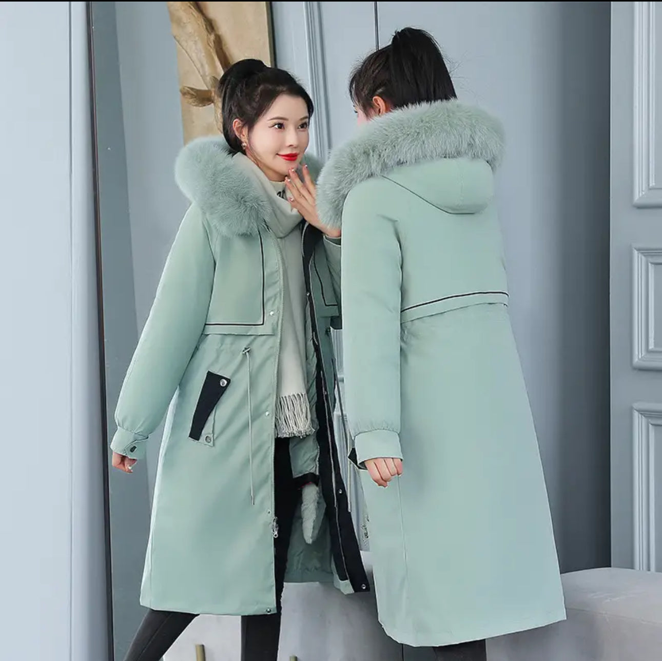 Winter Warm Women Long Parka Fur Collar Cotton Hooded Jacket