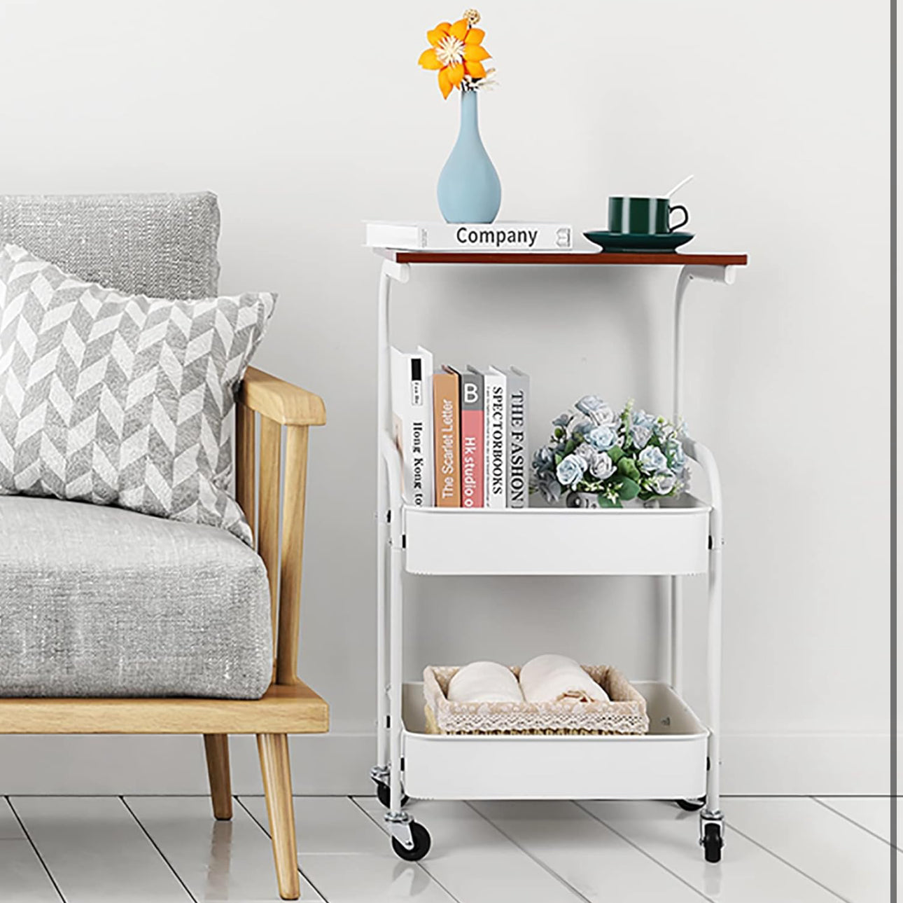 MHome 2-Tier Coffee Table Trolley – Rolling Storage Cart with Shelves, Metal Frame & Wood Finish