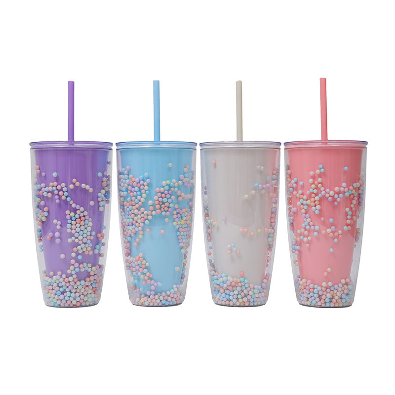 MHome Bubble Straw Cup Rainbow Girl Double Plastic Cup Students Creative Office Home Large Capacity Tumbler