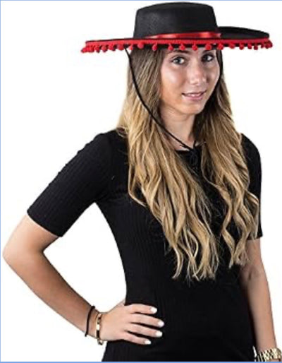 Funny Party Hats Matador Costume – Spanish Hat - Black and Red Matador Hat - Spanish Bull Fight Hat - Black Sombrero Hat, Matador Spanish Bull Fighting Costume Hat, One Size