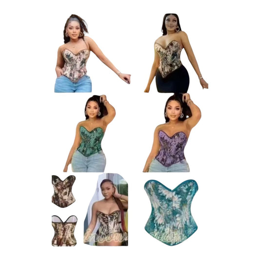 Ladies Vintage Floral Pattern Asymmetrical Hem Knot Front Lace Up Back Boned Corset Top- Various Oprions