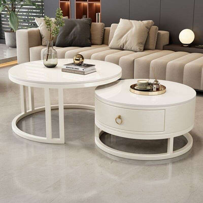 MFURN White Coffee Tables, Nesting Coffee Tables Set of 2, Nest of Table with Storage Drawer, Modern Centre Table with Rock Slab and Metal Frame Legs for Living Room, Office, Apartment