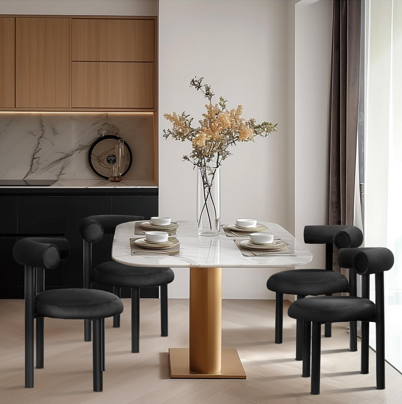 MHome Velvet Dining Chair, Modern Sherpa Kitchen Chairs with Metal Legs, Curved Backrest Chairs For Living Room- Available in Black or White
