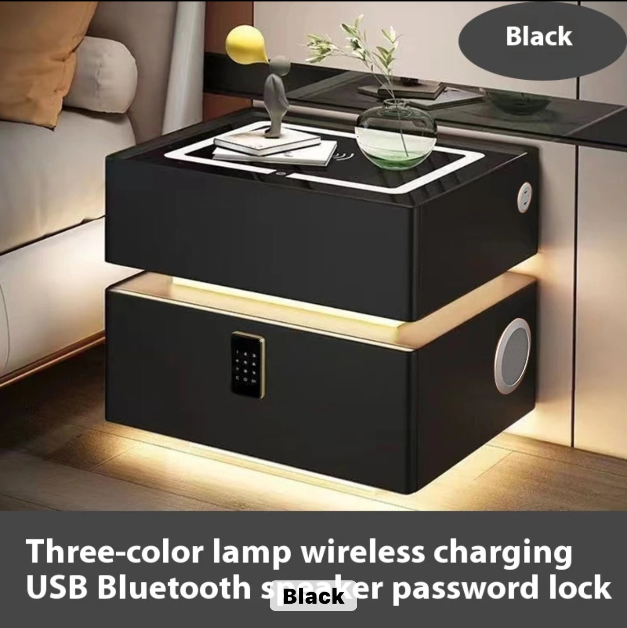 Nordic style smart bedside cabinets with wireless charging, Bluetooth speaker, LED strip, and secure password lock drawer-Available In Various Colours PreOrder Sales Now Available!