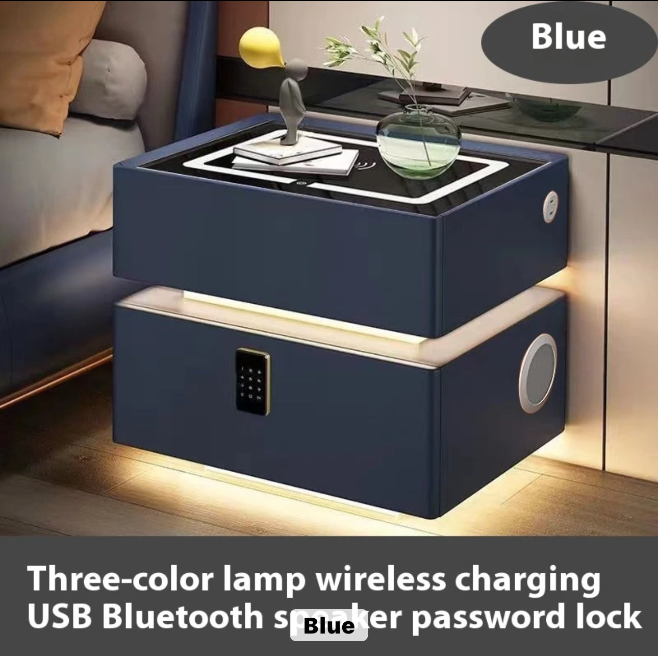 Nordic style smart bedside cabinets with wireless charging, Bluetooth speaker, LED strip, and secure password lock drawer-Available In Various Colours PreOrder Sales Now Available!