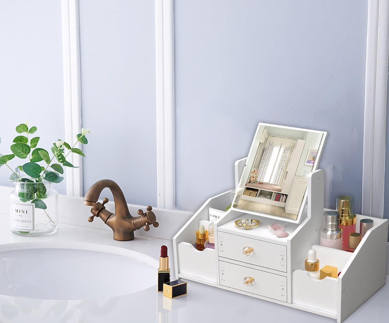 Mbeauty White Wooden Cosmetic Organiser With Drawers and Mirror