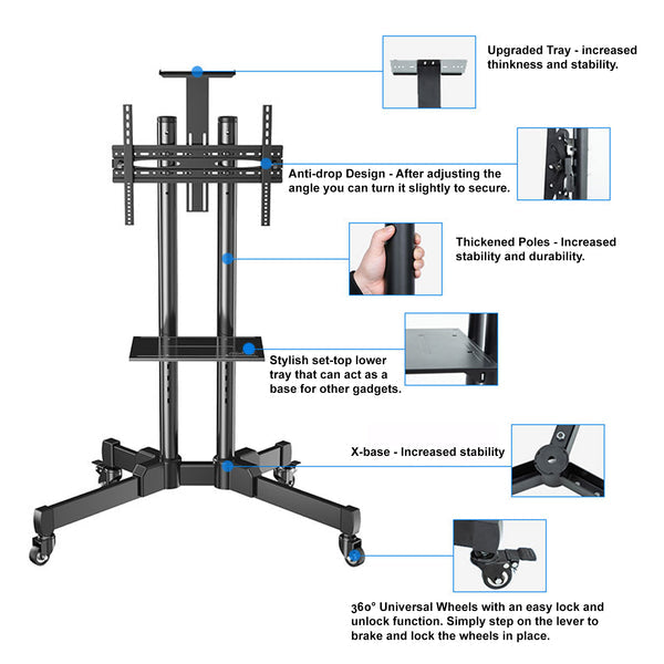 MTECH Mobile TV Cart Free Standing TV Stand 42-90 Inch