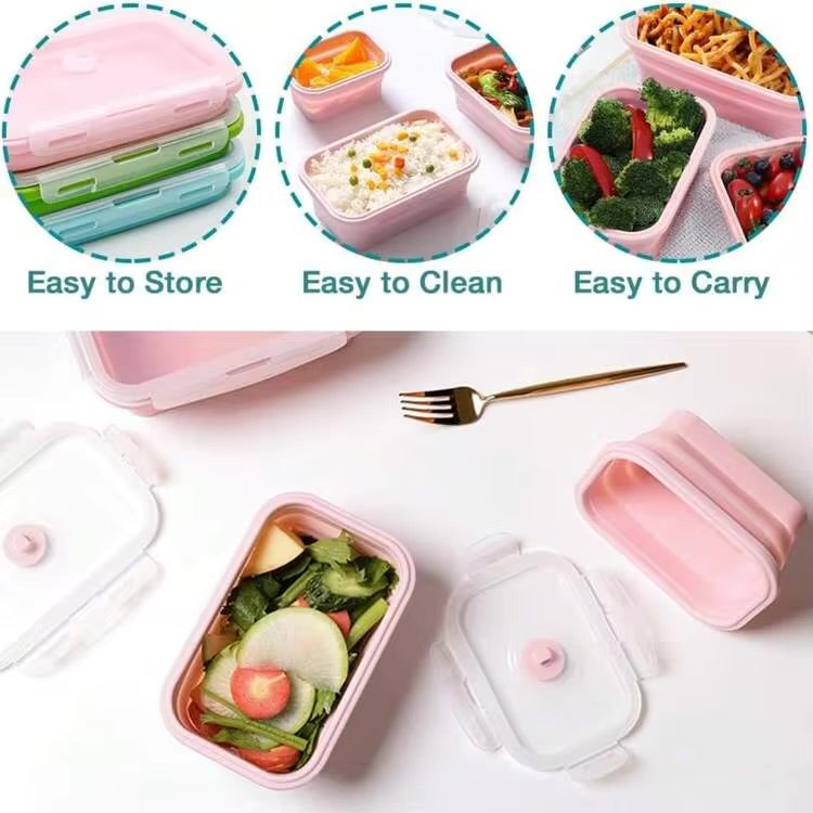 MHome 4pc Foldable Lunch Box, Silicone,With Sealed Lid And Ventilation Valve, Leak-Proof And Easy To Clean