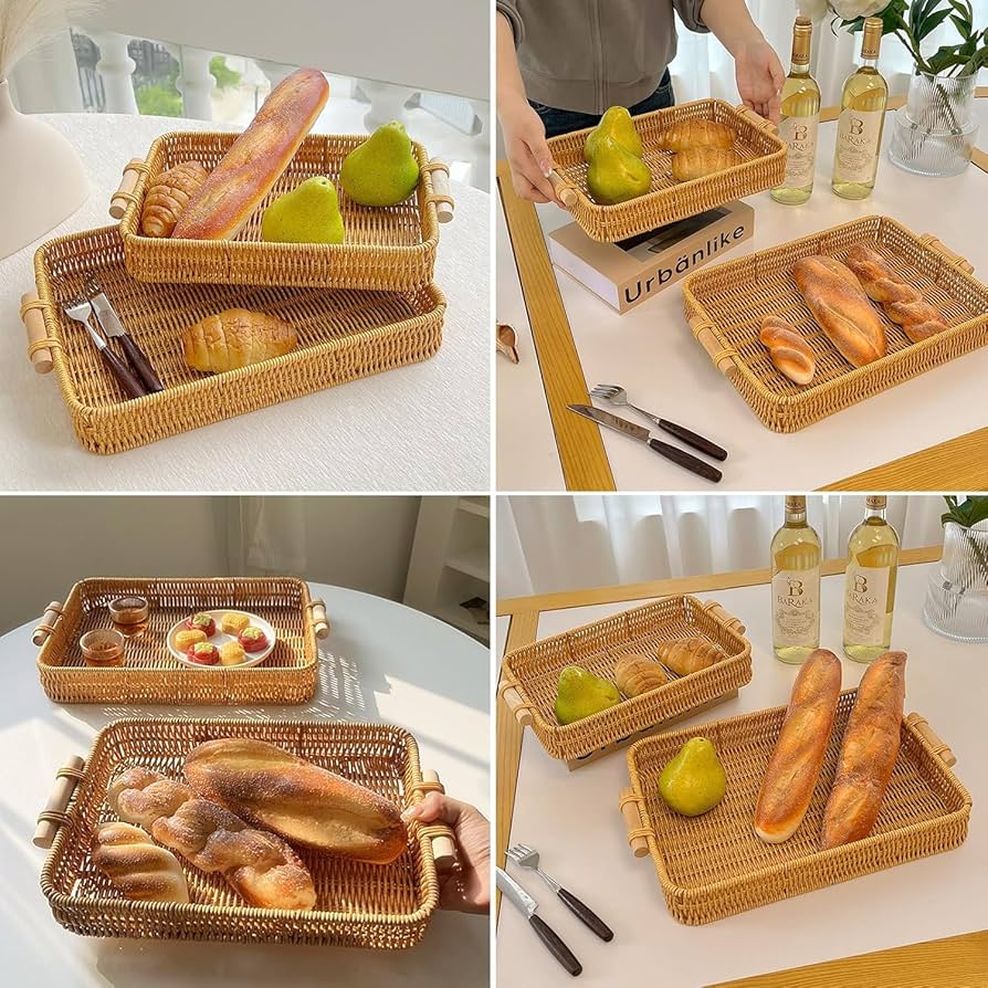 MHome  Kitchen Bread Serving Trays Unique Rectangular Woven Baskets for Fruit and Bread with Easy Carry Handle 3pc Set