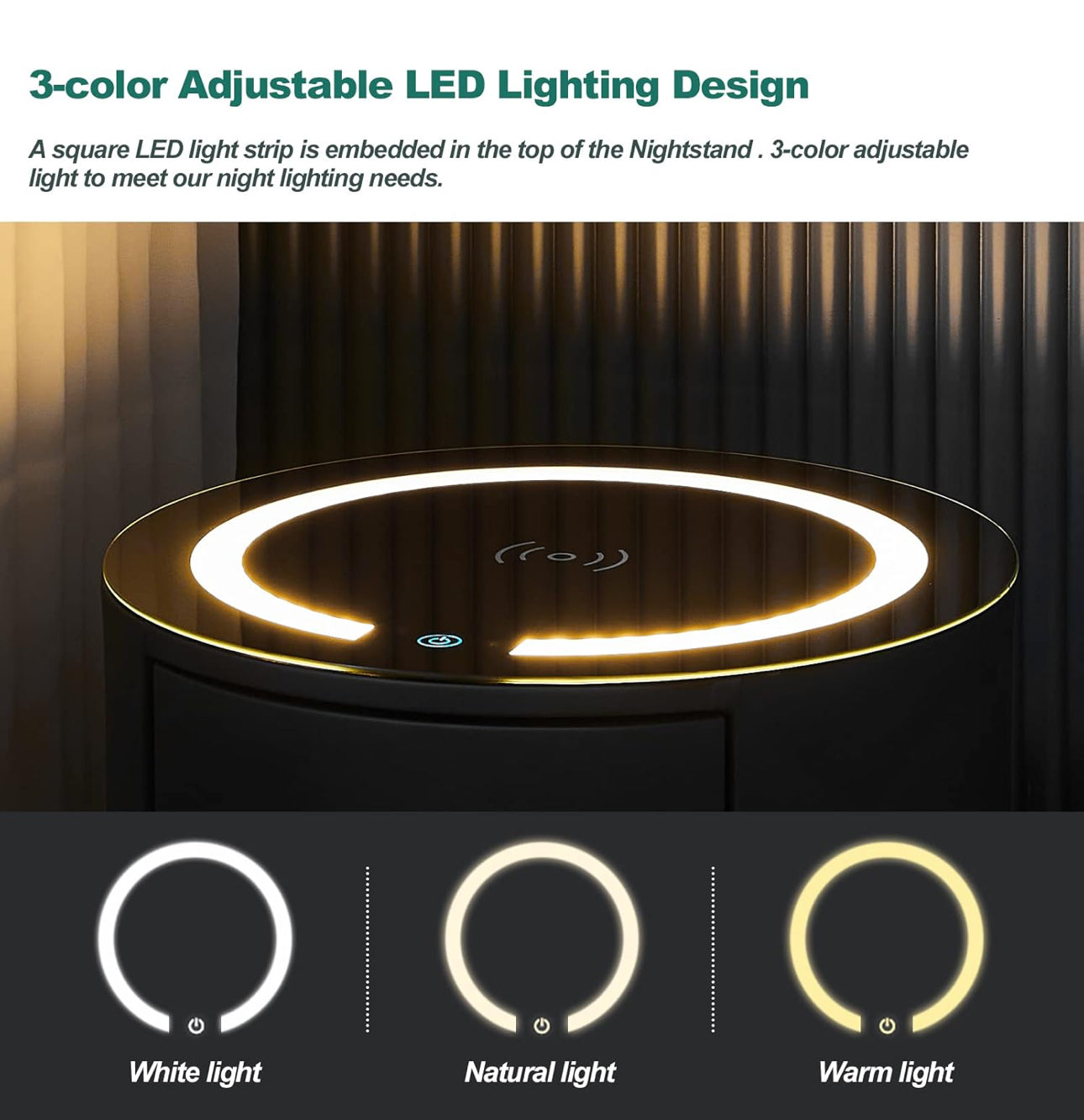 NORDIC White Nightstand with Charging Station Wireless,🛜 Bluetooth Speaker ,Adjustable LED Lights, Modern End Table with 3 Drawers for Bedroom, Simple Modern Bedroom Bedside Cabinet-Various Options