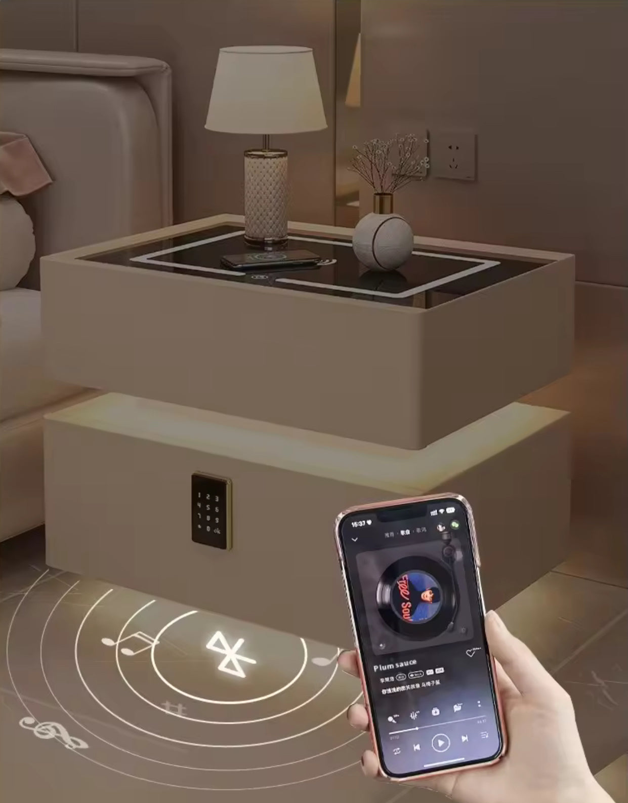 Nordic style smart bedside cabinets with wireless charging, Bluetooth speaker, LED strip, and secure password lock drawer-Available In Various Colours PreOrder Sales Now Available!