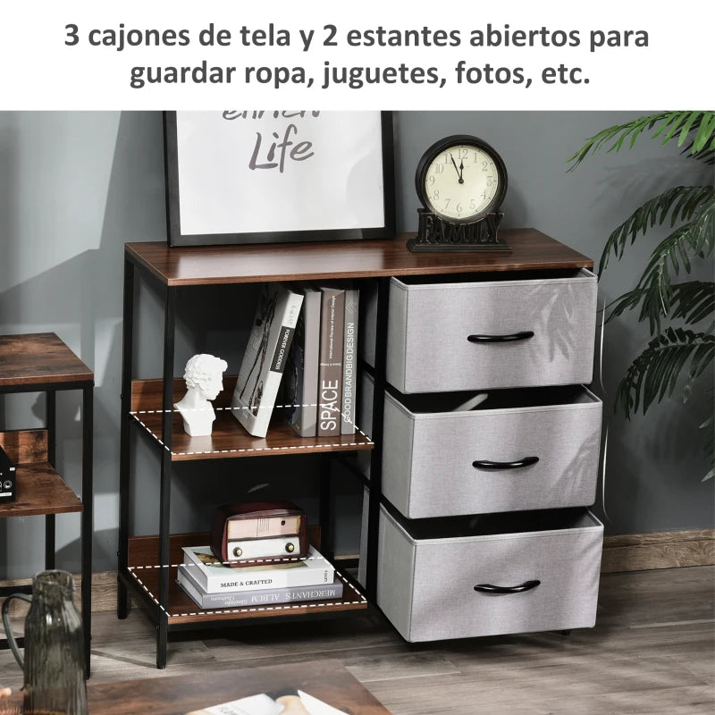 MFURN Narrow Fabric Chest of Drawers, Fabric Dresser with 3 Folding Drawers, 3 Open Shelves and Wide Top, Dresser for Bedroom, Living Room and Hallway, Walnut, Light Gray & Dark Gray Options