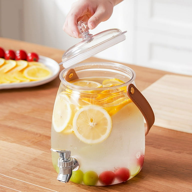 MHome Beverage Dispenser with Tap, Lid & Leather Handle – Clear plastic Dispenser Jar 5.5L