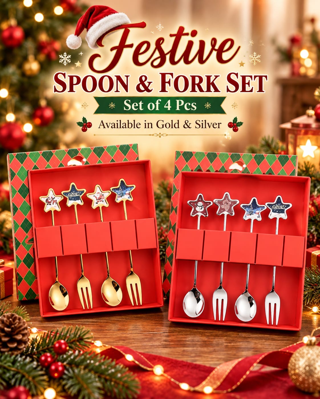 MHome Christmas Dessert Cutlery Spoon & Fork Set 4pc in Gold or Silver Options