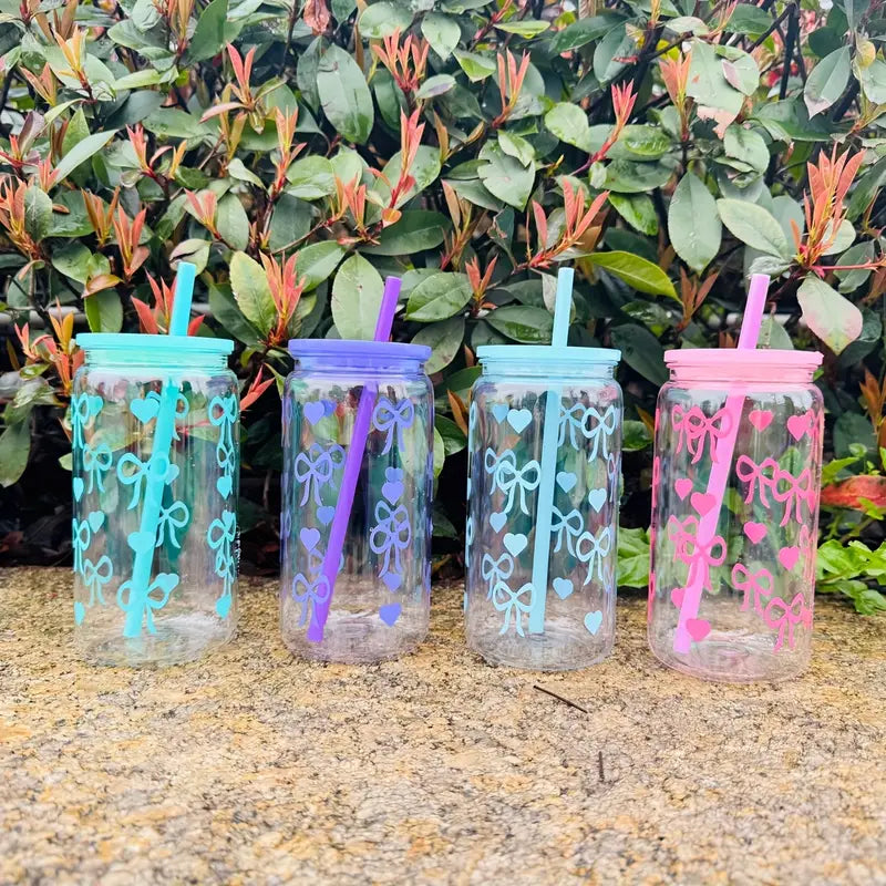 MHome Unbreakable Plastic Tumbler 450ml with Lid and Straw – Bow Print Sipper Glass for Cold Coffee, Juice and Water