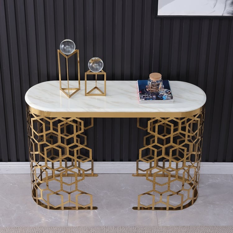 White Oval Narrow Entryway Table Marble Console Table With Double Pedestals