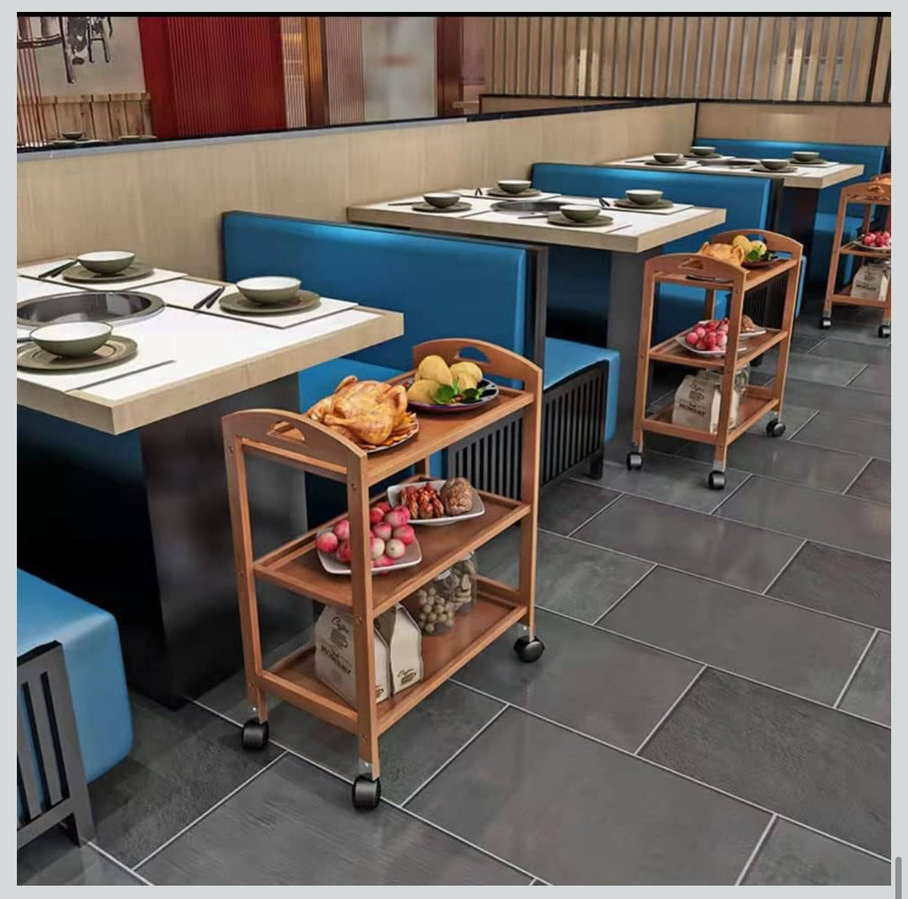 MFurn Bamboo Kitchen Trolley,3 Tier Kitchen Storage Rack Serving Trolley Island Cart with Rotating Wheels.