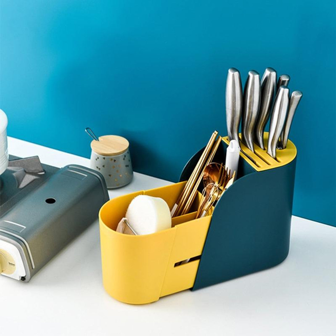 MHome Multifunctional Retractable Cutlery & Knife Storage Rack – Adjustable with Drainage Base