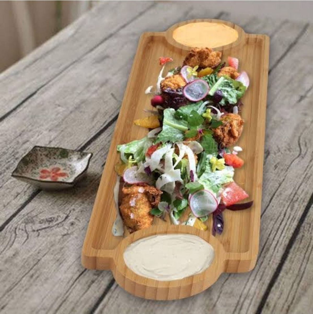 MHome Wooden Bamboo Appetizer Platter – 3-Compartment Serving Tray 39 cm