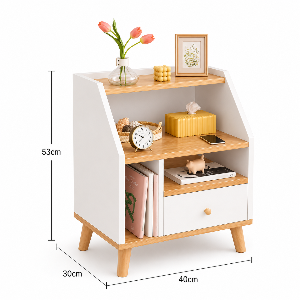 MFurn Modern Bedside Table With Drawer & Open Shelves