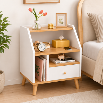 MFurn Modern Bedside Table With Drawer & Open Shelves