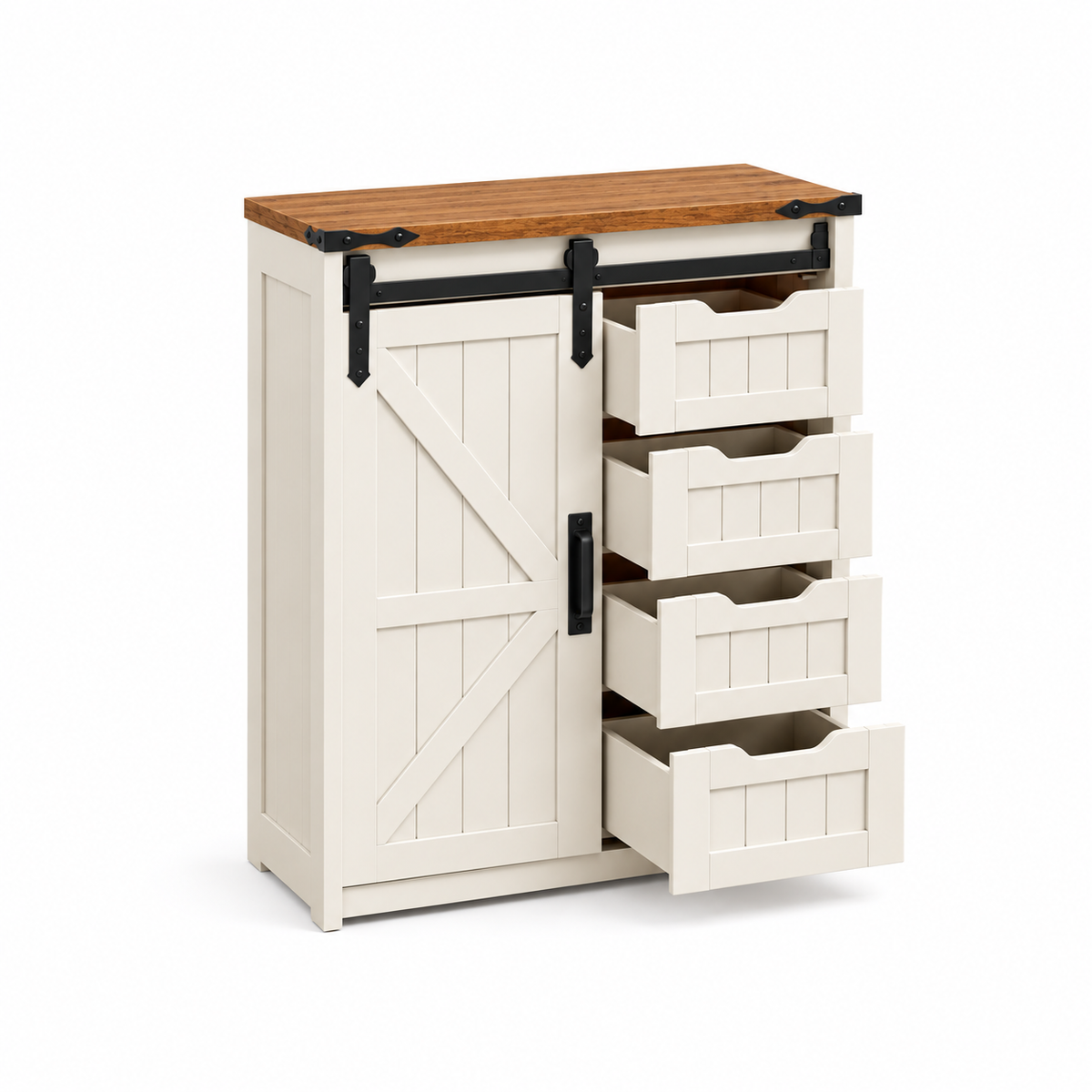 MHome Farmhouse Barn Door Storage Cabinet with 4 Drawers