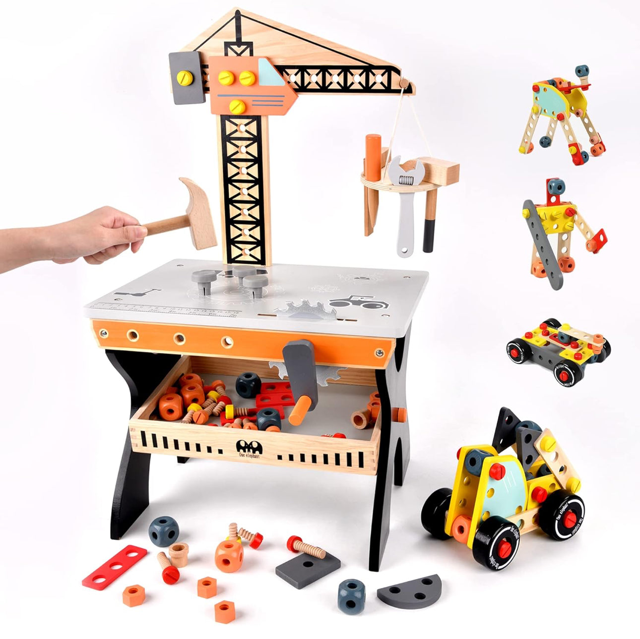 Wooden Tool Bench for Kids Toddlers, Pretend Play Workbench Set with Crane Workshop Workbench Construction Toys Gift for 2 3 4 5 Years Old Girls & Boys