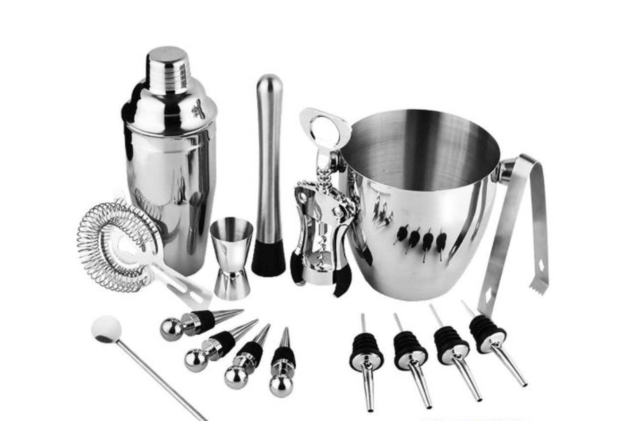 Professional Wine and Cocktail Mixing Bar Set by QLL, Large 0.7L Stainless Steel Shaker, Ice Bucket, Muddler, Double Sided Jigger, 4 Liquor Bottle Pourers, Hawthorne Strainer, Conical Strainer