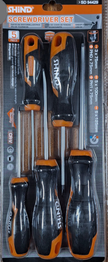 Shind Screwdriver Set ( 5 Piece -3x75mm -5x100mm -6x125mm + PHO x 75mm +PH1 x 75mm)