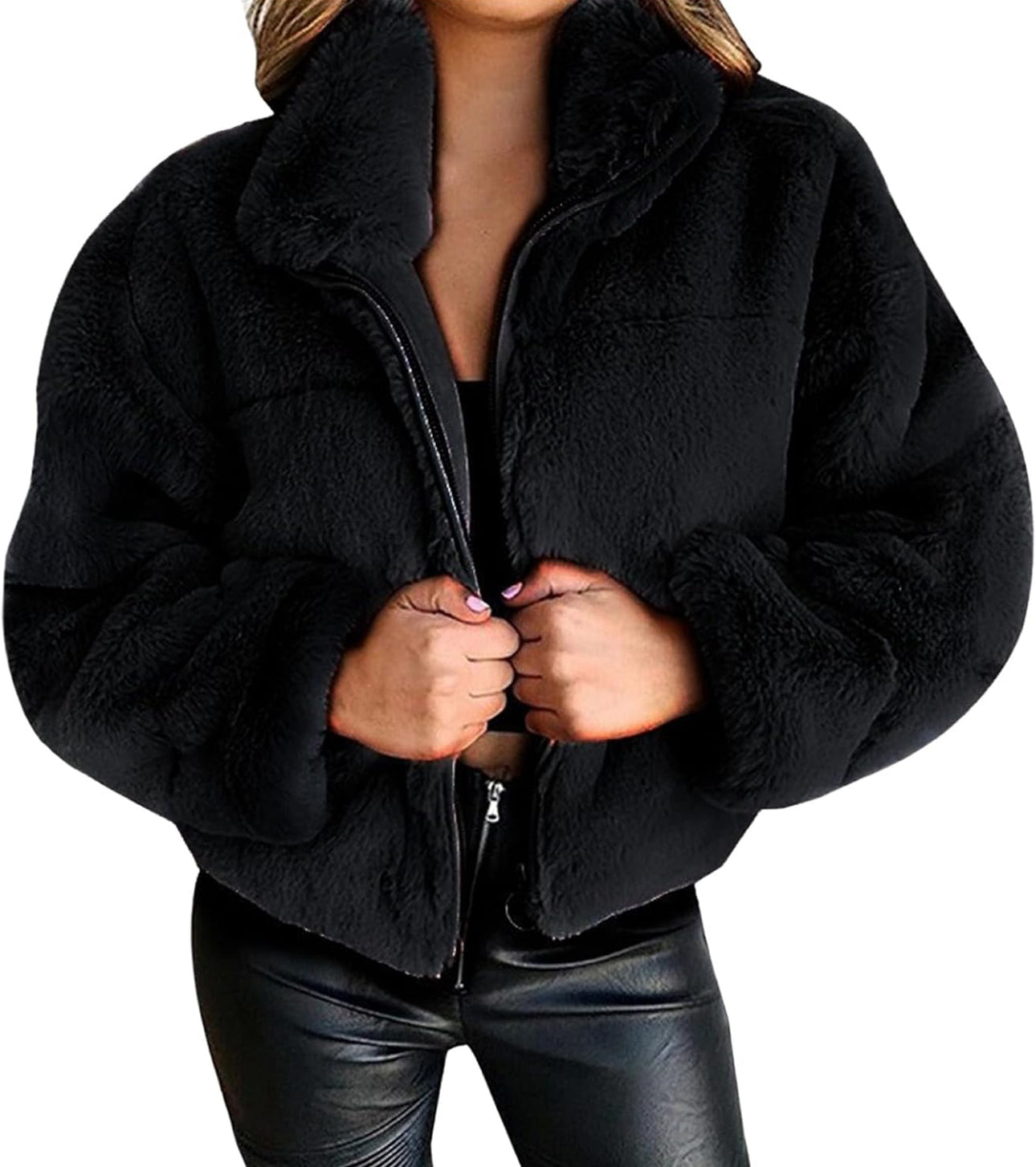 MWear
Womens Cropped Faux Fur Coat Oversized Stand Collor Open Front Cardigan Zip Up Shrug Winter Fluffy Coat