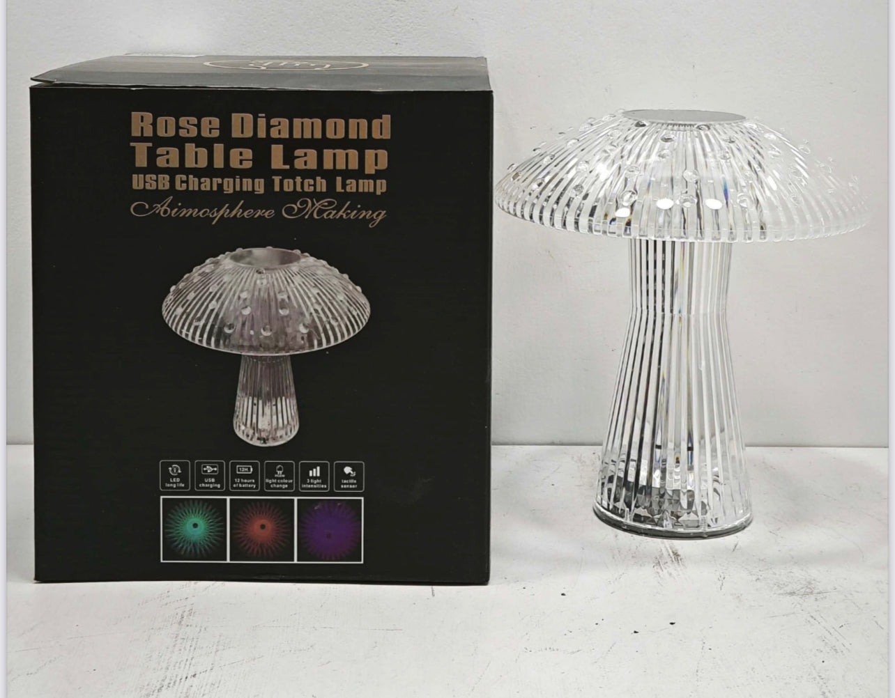 Crystal Lamp, 16 Colors Changing RGB Touch Lamp, Acrylic Mushroom Table Lamp with Remote Control & USB Charging, Mushroom Crystal Bedside Lamp for Nightstand, Living Room, Bedroom