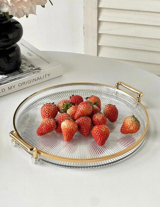 Serving Tray Clear Round With Gold Trim