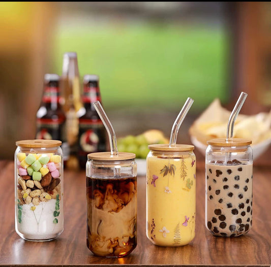 Drinking Glass With Bamboo Lid/Glass Straw