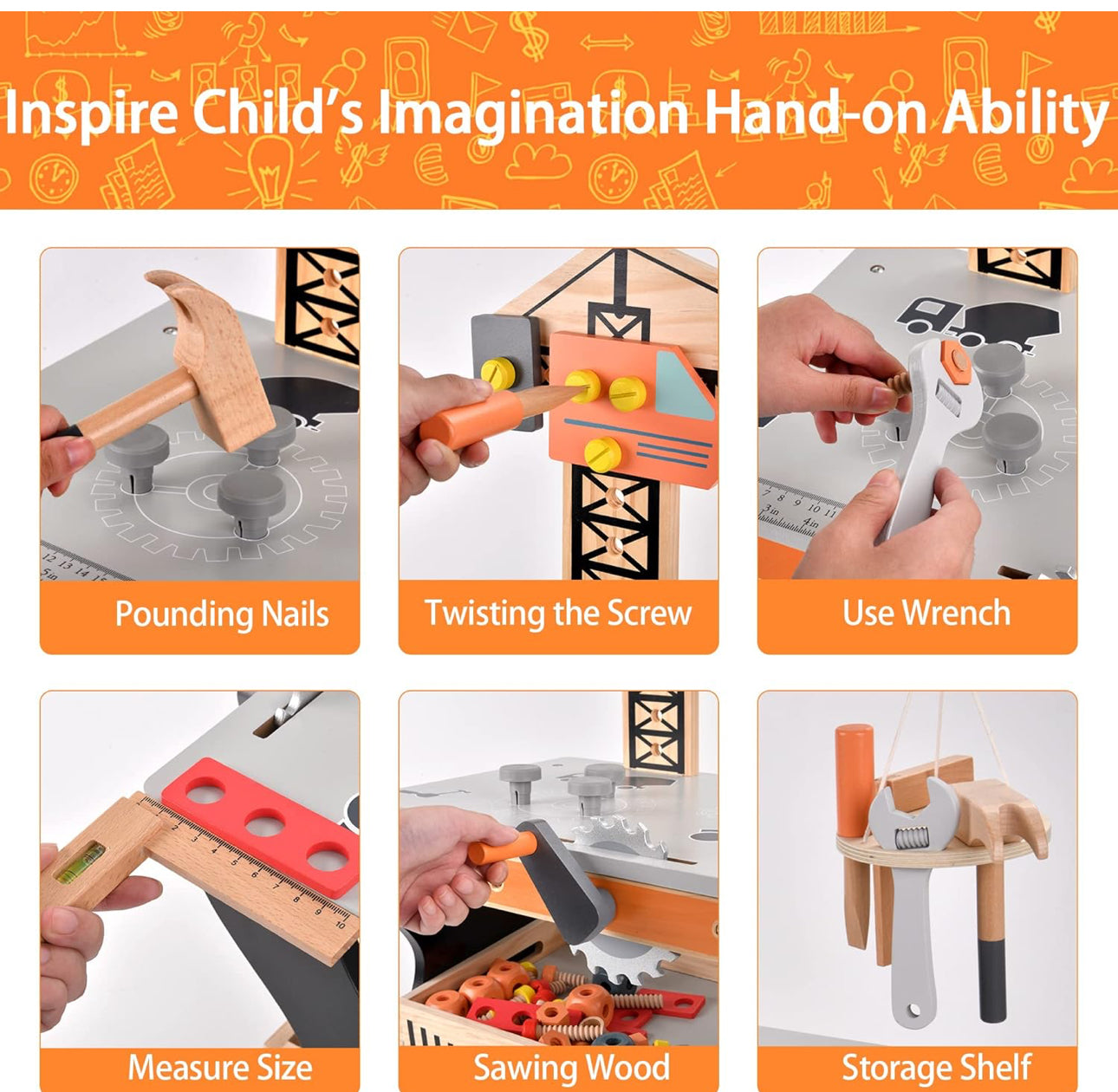 Wooden Tool Bench for Kids Toddlers, Pretend Play Workbench Set with Crane Workshop Workbench Construction Toys Gift for 2 3 4 5 Years Old Girls & Boys