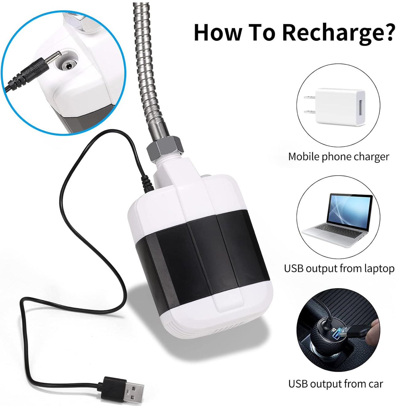 Portable Camp Shower, USB Rechargeable Outdoor Camping Shower Pump, Portable Outdoor Shower Head- Pumps Water from Bucket Into Steady, Gentle Shower Stream,for Camping, Traveling