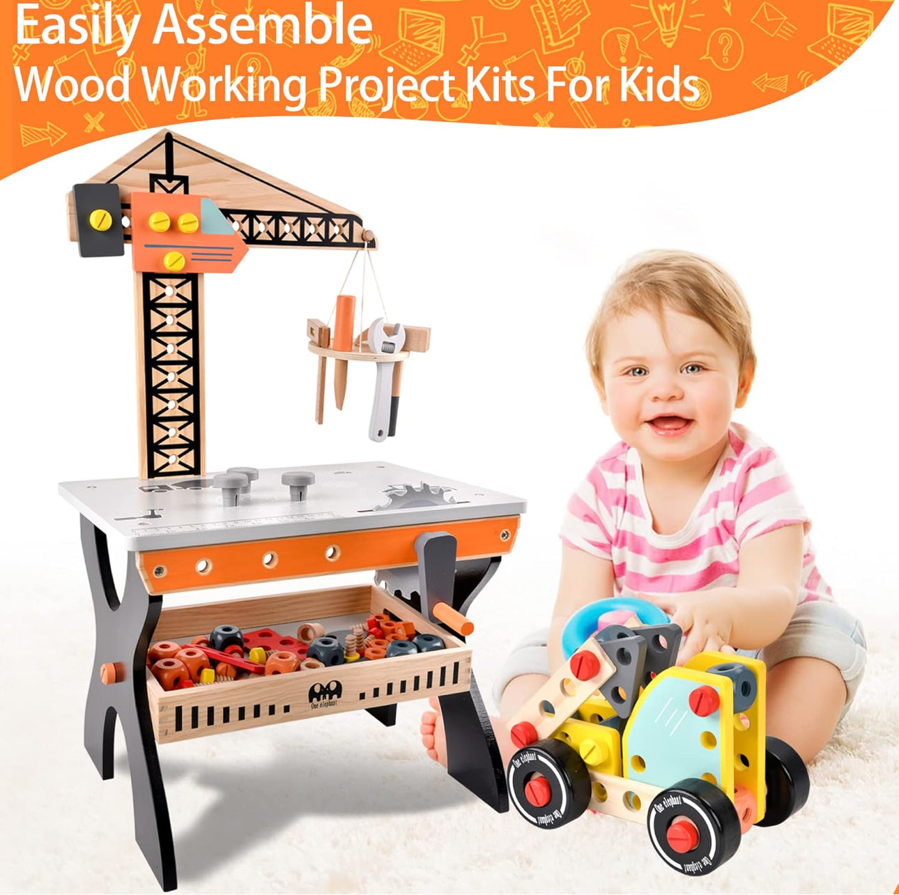 Wooden Tool Bench for Kids Toddlers, Pretend Play Workbench Set