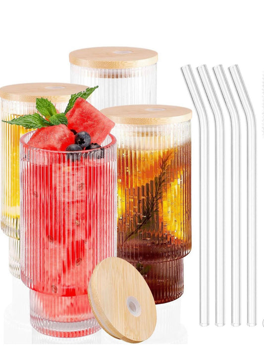 Stackable Ribbed Glass With Bamboo Lid & Straw (2 pack)