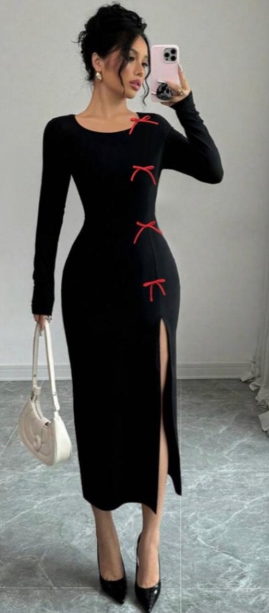 Women's Elegant Bow Decor High Slit Waist Clinching Dress,  Maxi Women Outfit-Various Options