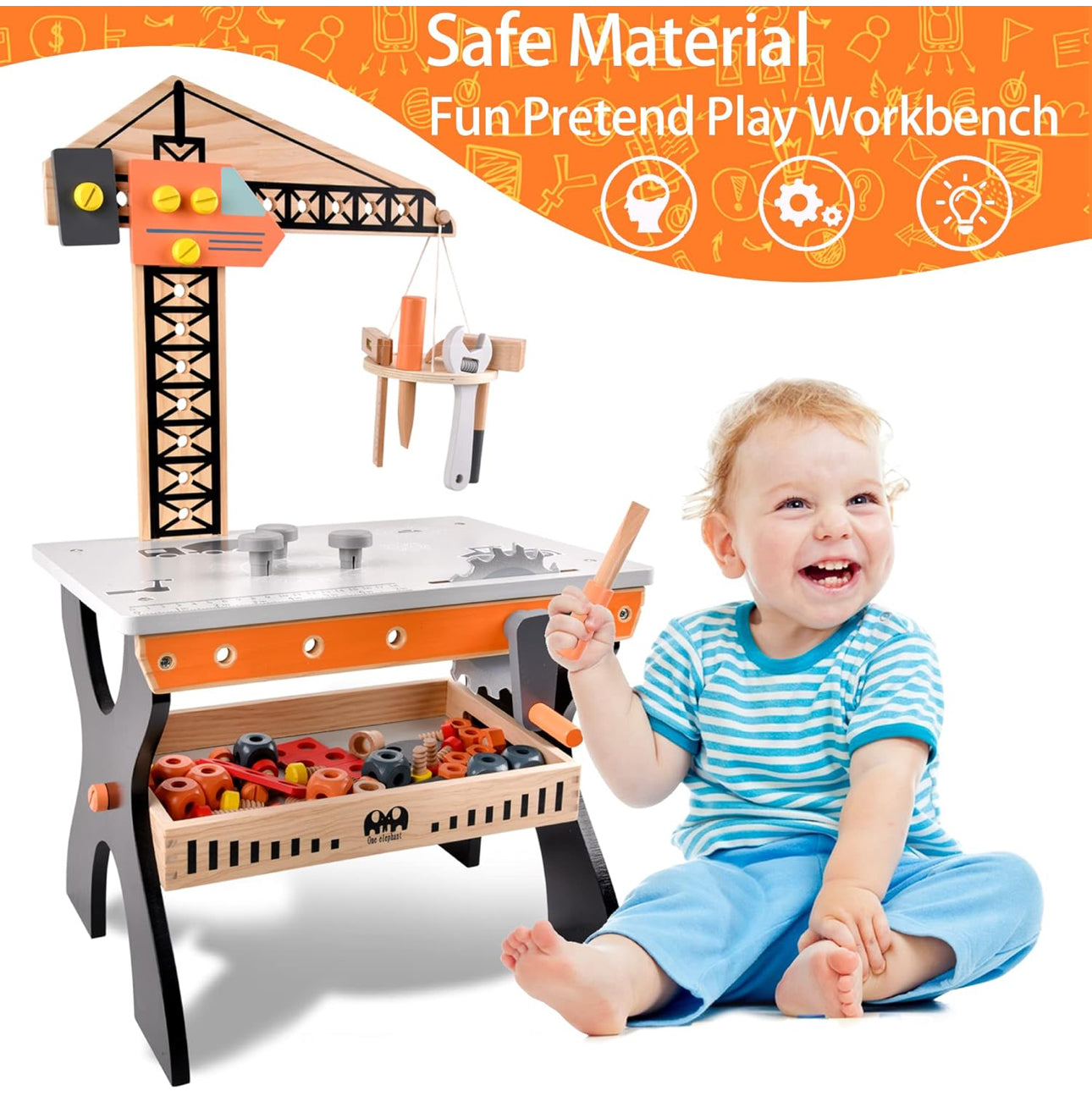 Wooden Tool Bench for Kids Toddlers, Pretend Play Workbench Set with Crane Workshop Workbench Construction Toys Gift for 2 3 4 5 Years Old Girls & Boys