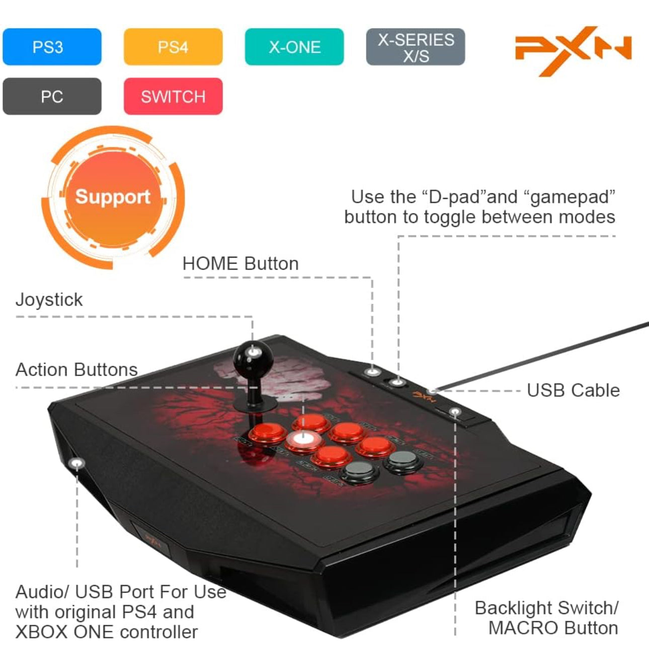 PXN X9 Fight Joystick , Arcade Stick with Turbo & Macro and DP/LS/RS Functions, Compatible Android TV, PC, PS3, PS4, Xbox One, Xbox Series X|S, Nintendo Switch