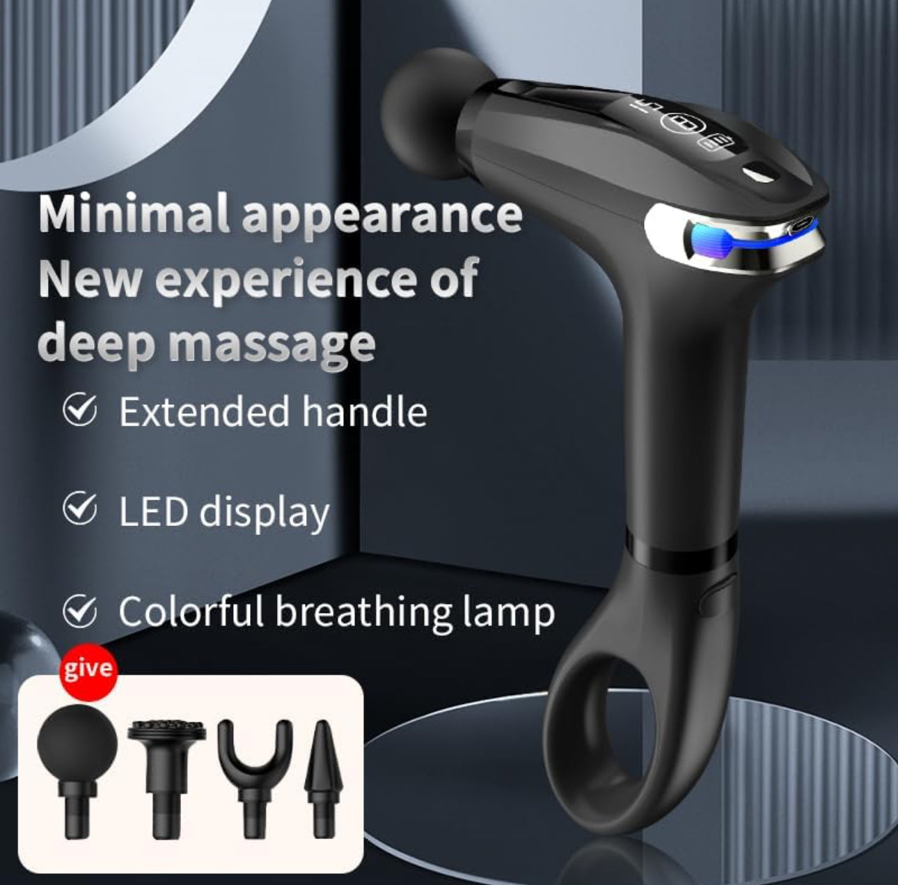 Percussion Massage Gun PRO with Extended Handle, Massager for Muscle with 8 Speeds &LED Screen &4Massage Heads, Massage Gun Deep Tissue AI Intelligent Control Chip Intellige(Black)